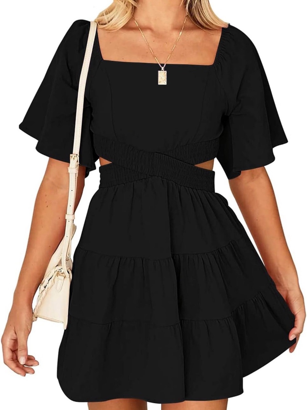 Women's Black Square Neck Cutout Tiered Mini Dress